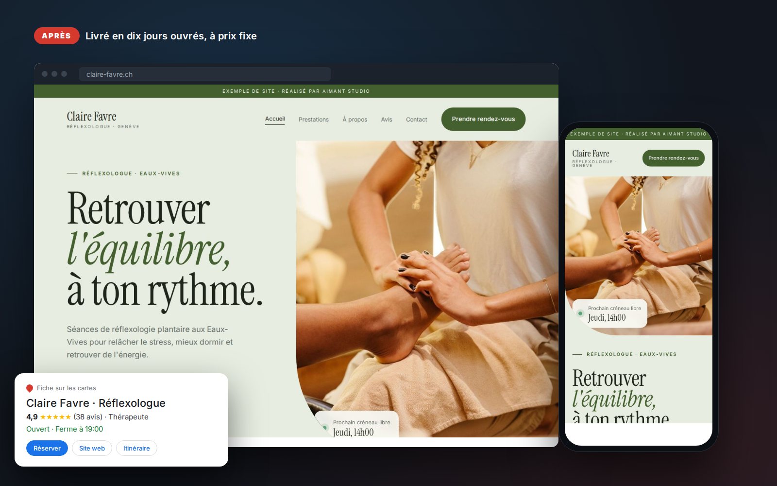 Après : le site livré par Aimant Studio sur ordinateur et téléphone, et une fiche avec avis